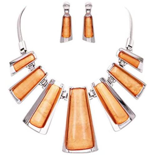 Rosemarie Collections Womens Shimmering Orange Polished Resin Statement Collar Necklace Earring Jewelry Set