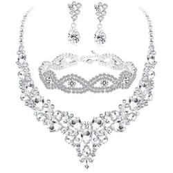 Subiceto Bridal Necklace Wedding Jewelry for Bride Crystal Tennis Link Bracelet Teardrop Dangle Earrings Jewelry Set for Women Fashion Bridesmaid Wedding Jewelry Gifts