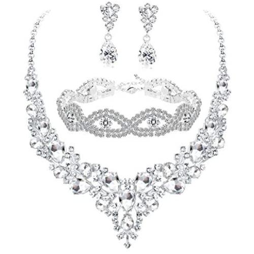 Subiceto Bridal Necklace Wedding Jewelry for Bride Crystal Tennis Link Bracelet Teardrop Dangle Earrings Jewelry Set for Women Fashion Bridesmaid Wedding Jewelry Gifts
