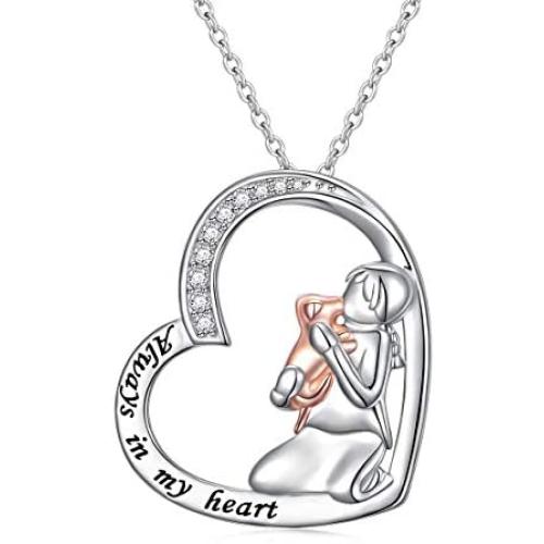 FLYOW S925 Sterling Silver Always in My Heart Dog Pendant Necklace for Women Teen Girl with Dog Gift For Her