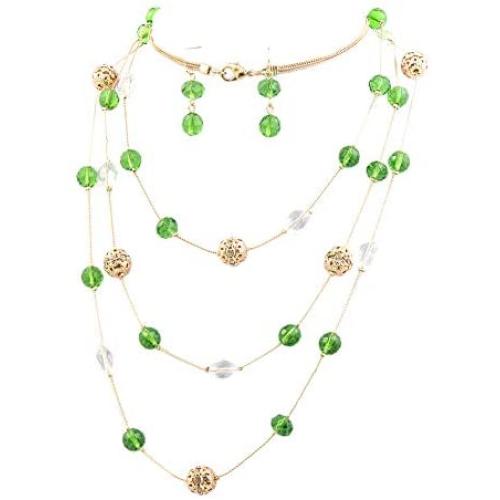 Bocar Fashion 3 Layer Handmade Beads Necklace Earring Set Long Illusion Necklace for Women
