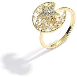 Moon Star Fidget Ring Womens Wedding Band Cubic Zirconia Spinner Ring Girls Rotatable Rings Relieving Anxiety and Stress, Gold Color