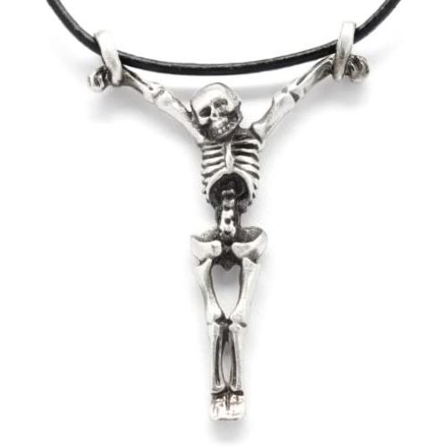 Trilogy Jewelry Pewter Hanging Skeleton Gothic Biker Pirate Pendant, Leather Necklace