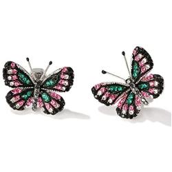 925 Sterling Silver Plated AAA Cubic Zirconia 3D Black Butterfly Earring Green and Pink Gems Stud Post Earrings