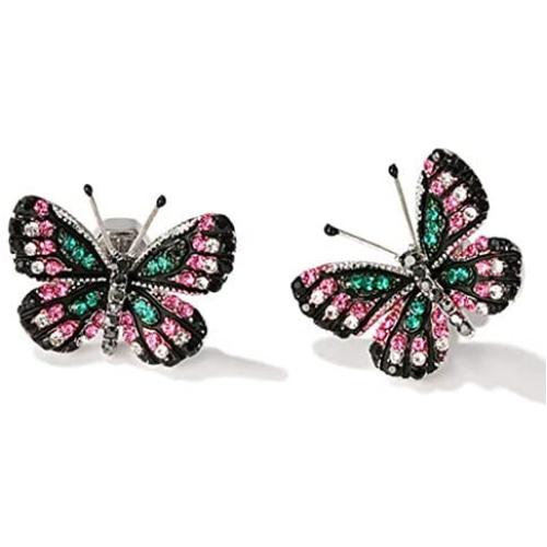 925 Sterling Silver Plated AAA Cubic Zirconia 3D Black Butterfly Earring Green and Pink Gems Stud Post Earrings