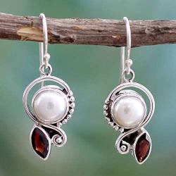 NOVICA Garnet Cultured Freshwater Pearl .925 Sterling Silver Dangle Earrings, Sublime Romance