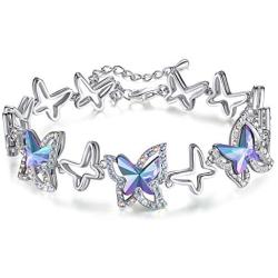 GEMMANCE Butterfly Link Charm Bracelet with Premium Birthstone Crystal, Silver-Tone, 7”+2” Chain