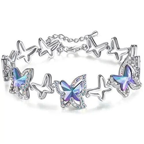 GEMMANCE Butterfly Link Charm Bracelet with Premium Birthstone Crystal, Silver-Tone, 7”+2” Chain GEMMANCE Butterfly Link Charm Bracelet with Premium Birthstone Crystal, Silver-Tone, 7”+2” Chain