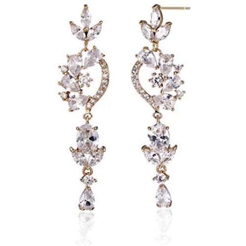 CZ Bridal Earrings for Wedding 14k White Gold Plated Wedding Earrings for Bride Bridesmaids Crystal Cubic Zirconia Rhinestone Cluster Floral Leaf Earrings Elegant Bridal Jewelry for Women Girls