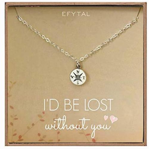 EFYTAL Necklace Gift for Girlfriend / Wife, Sterling Silver Cute I Love You Compass Heart Jewelry For Her, Id Be Lost Without You Valentines Day, Romantic Anniversary Birthday Gift Ideas