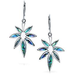 Rainbow Abalone Shell Weed Marijuana Leaf Leverback Drop Dangle Earrings For Women 925 Sterling Silver