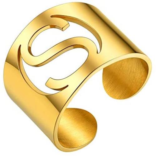 ChainsHouse A to Z Initial Letter Open Cuff Rings for Women Men Adjustable Statement Name Alphabet Ring Personalized Jewelry Gifts,15mm Wide, 3 Colors, Custom Available