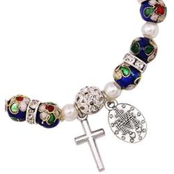 Rosemarie Collections Womens Cloisonne Beaded Stretch Rosary Bracelet with Crucifix and Miraculous Medal