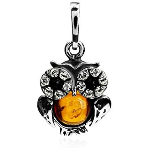 Amber Sterling Silver Owl Pendant