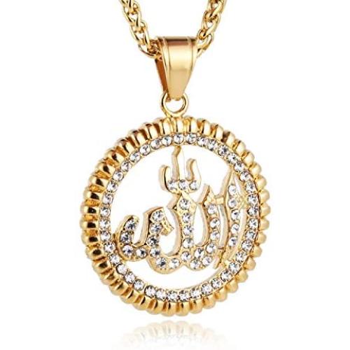 HZMAN Cubic Zirconia Allah Gold Pendant Necklace Middle East Charm Islam Round Pendant