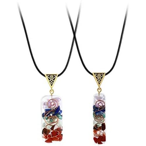 7 Chakra Natural Stone Beads Rope Chain Pendant Necklace Handmade Healing Spiritual Round Square Geometric Necklace for Women Men Girls Boy Yoga Energy Generator Protection Jewelry Gift