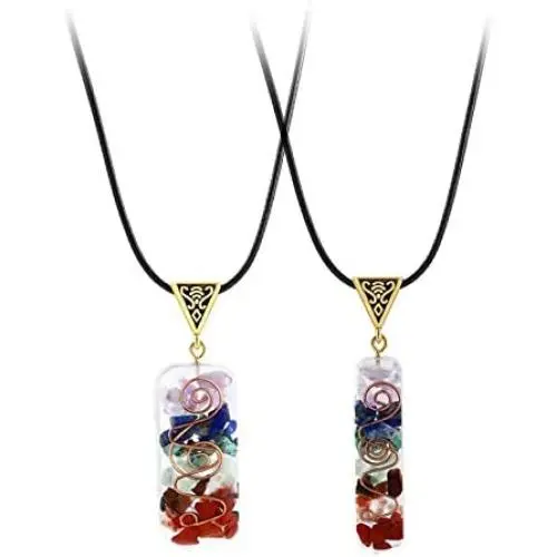 7 Chakra Natural Stone Beads Rope Chain Pendant Necklace Handmade Healing Spiritual Round Square Geometric Necklace for Women Men Girls Boy Yoga Energy Generator Protection Jewelry Gift