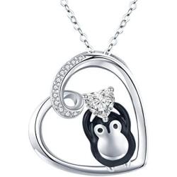 JUSTKIDSTOY Penguin Necklace for Women Family Necklace 925 Sterling Silver Mother Child Necklace Heart Pendant Cute Animal Penguin Jewelry Gift for Mom Daughter Loved Ones