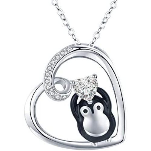 JUSTKIDSTOY Penguin Necklace for Women Family Necklace 925 Sterling Silver Mother Child Necklace Heart Pendant Cute Animal Penguin Jewelry Gift for Mom Daughter Loved Ones