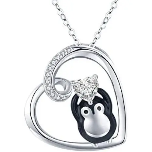 JUSTKIDSTOY Penguin Necklace for Women Family Necklace 925 Sterling Silver Mother Child Necklace Heart Pendant Cute Animal Penguin Jewelry Gift for Mom Daughter Loved Ones