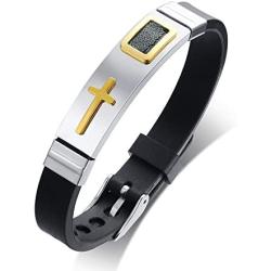 MPRAINBOW 3Pcs Stainless Steel Silicone Cross Bracelet,Religious Christian Gifts for Men Boy, Faith Jesus Prayer Adjustable Black Wristband Silicone Bracelet,7.3”-8.5”