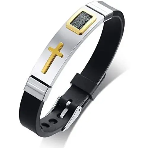MPRAINBOW 3Pcs Stainless Steel Silicone Cross Bracelet,Religious Christian Gifts for Men Boy, Faith Jesus Prayer Adjustable Black Wristband Silicone Bracelet,7.3”-8.5”