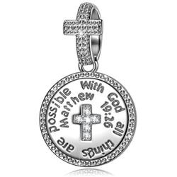 NINAQUEEN 925 Sterling Silver Charm With God All Things Are Possible Cross Religious Dangle Charms for Pandöra Bracelets Inspirational Necklaces Birthday Gifts for Girlfriend Wife