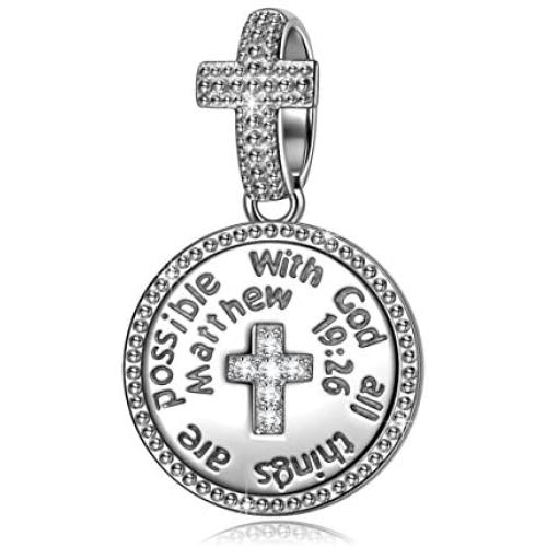 NINAQUEEN 925 Sterling Silver Charm With God All Things Are Possible Cross Religious Dangle Charms for Pandöra Bracelets Inspirational Necklaces Birthday Gifts for Girlfriend Wife