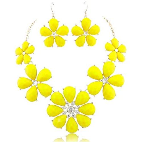 Firstmeet Shiny Flower Statement Collar Necklace with Earrings