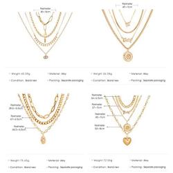 4PCS Gold Dainty Link Layered Chain Necklace Set Boho Choker with Lock,Coin,Evil Eye,Moon & Star,Compass Pendant Initial Necklaces Chunky Curb Link Paperclip Jewelry for Gift