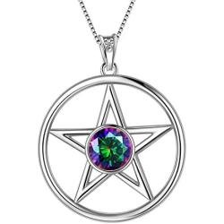 Aurora Tears Pentacle Necklaces Women 925 Sterling Silver Powerful Pentagram Wicca Traditional Seal of Solomon Pendant Crystal Mystic Rainbow Topaz Pagan Jewelry DP0277T