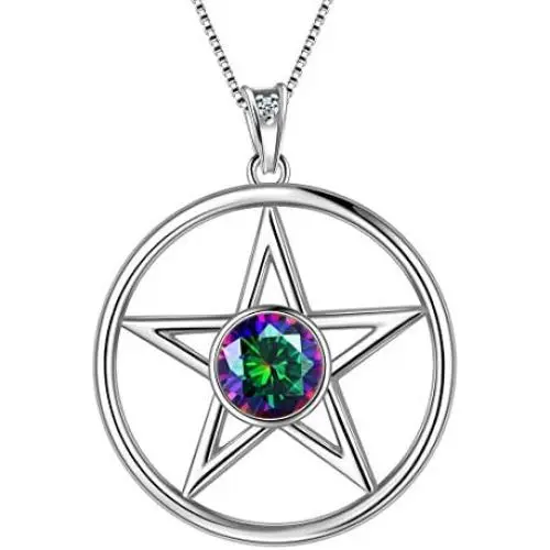 Aurora Tears Pentacle Necklaces Women 925 Sterling Silver Powerful Pentagram Wicca Traditional Seal of Solomon Pendant Crystal Mystic Rainbow Topaz Pagan Jewelry DP0277T