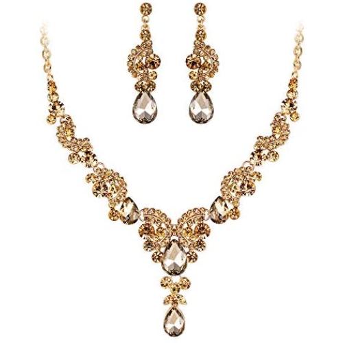 EVER FAITH Austrian Crystal Bridal Floral Wave Teardrop Necklace Earrings Set