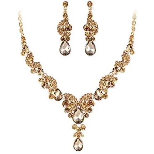 EVER FAITH Austrian Crystal Bridal Floral Wave Teardrop Necklace Earrings Set EVER FAITH Austrian Crystal Bridal Floral Wave Teardrop Necklace Earrings Set