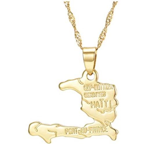Fusamk Hip Hop Plated 18K Gold Haiti Map Tag Pendant Necklace