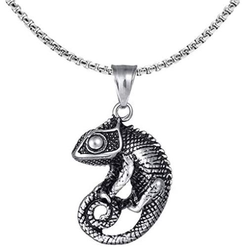 Fusamk Punk Titanium Steel Animal Lizard Pendant Necklace,24'' Box Chain