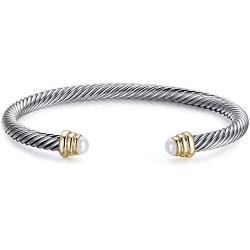 BQfife Twisted Rope Bangles Bracelet Stainless Steel Pearl Inlay