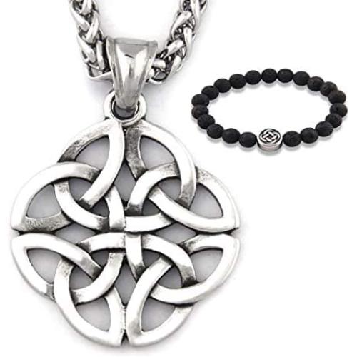 GUNGNEER Stainless Steel Silvertone Irish Celtic Knot Pendant Eternal Love Necklace Protection Amulet Talisman