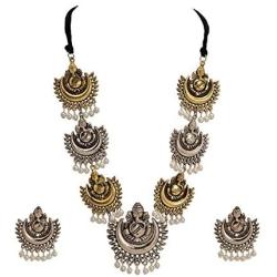 Zephyrr Lord Ganesha/Moon Design Necklace Earrings Set Ethnic Indian Women Jewelry