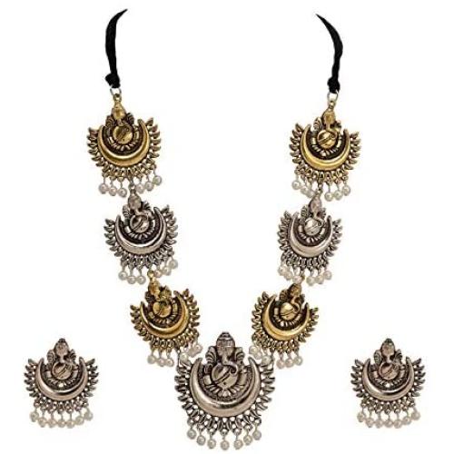 Zephyrr Lord Ganesha/Moon Design Necklace Earrings Set Ethnic Indian Women Jewelry