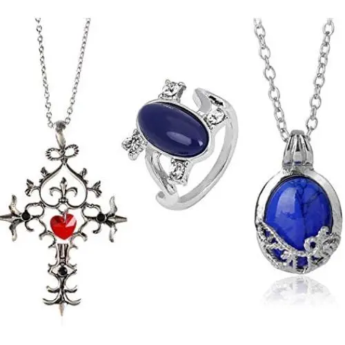 PPX 3 Packs Unisex Vampire Diaries Elena Sapphire Crystal Daylight Ring and Katherine Sapphire Crystal Pendant Daywalking Necklace for Fans