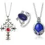 PPX 3 Packs Unisex Vampire Diaries Elena Sapphire Crystal Daylight Ring and Katherine Sapphire Crystal Pendant Daywalking Necklace for Fans