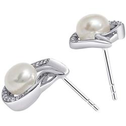 Peora Freshwater Cultured White Pearl Teardrop Knot Earrings in Sterling Silver, 6.50mm Round Button Shape, Friction Backs