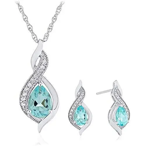 .925 Sterling Silver Pear Cut Created Aquamarine & Created White Sapphire Twist 18'' Pendant Necklace and Stud Earring March Birthstone Jewelry Set