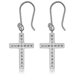 ELEGANZIA Dangle Cross Earrings for Women Girls Sterling Silver Cubic Zirconia Christian Religious Minimalist Jewelry