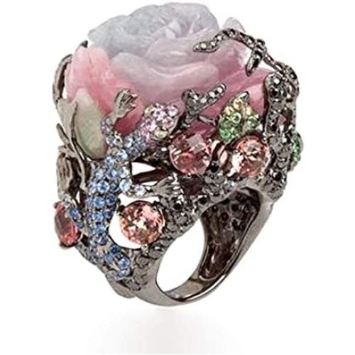 Retro Cocktail Statement Ring Enamel Resin Stones Rose Flower Crystal Stacking Rings Rhinestone Inlaid Band Party Jewelry for Women Girl
