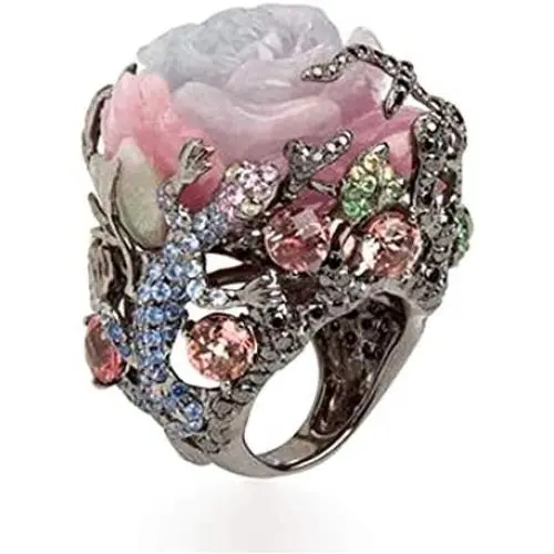 Retro Cocktail Statement Ring Enamel Resin Stones Rose Flower Crystal Stacking Rings Rhinestone Inlaid Band Party Jewelry for Women Girl