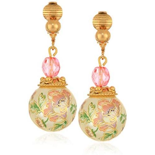 1928 Jewelry Womens Gold Tone Flower Decal Pearl with Pink crystal Drop Earrings, Pink, One Size, pink