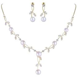 EVER FAITH CZ Crystal Cream Simulated Pearl Floral Vine Filigree Necklace Earrings Set