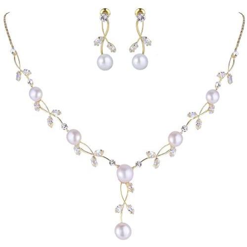 EVER FAITH CZ Crystal Cream Simulated Pearl Floral Vine Filigree Necklace Earrings Set